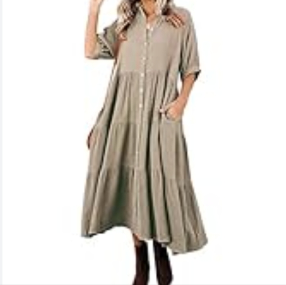 NWT R  Vivimos Prairie Dress Khaki Gauze Short Bubble Sleeve Button Up XL - Picture 1 of 7